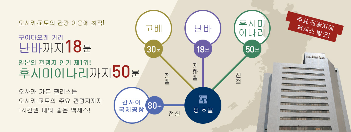 오사카 가든 팰리스는 오사카·교토의 주요 관광지까지 1시간권 내의 좋은 액세스! 